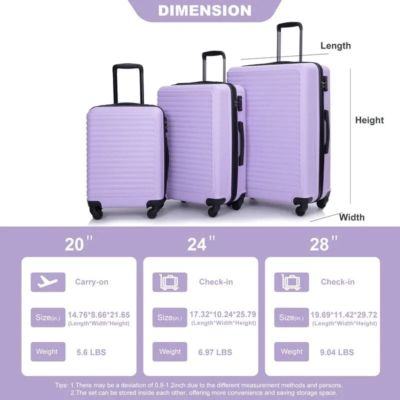 3Pcs Luggage Sets ABS Lightweight Suitcase with Two Hooks,Spinner Wheels and TSA Lock