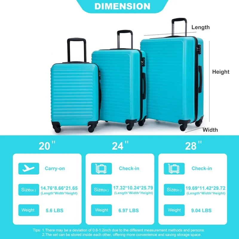 3Pcs Luggage Sets ABS Lightweight Suitcase with Two Hooks,Spinner Wheels and TSA Lock
