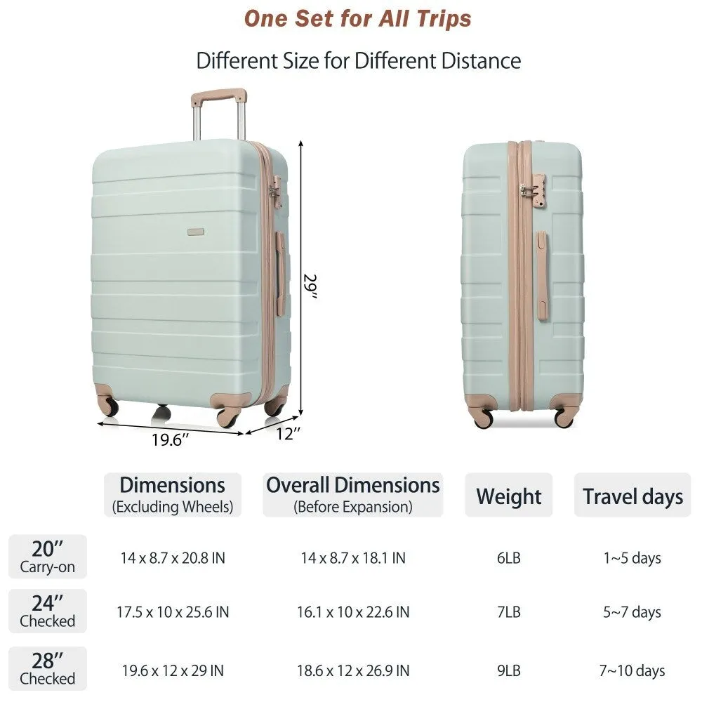3pcs Luggage Sets, Expandable ABS Grey Green Suitcase sets with TSA Lock(20"24"28")