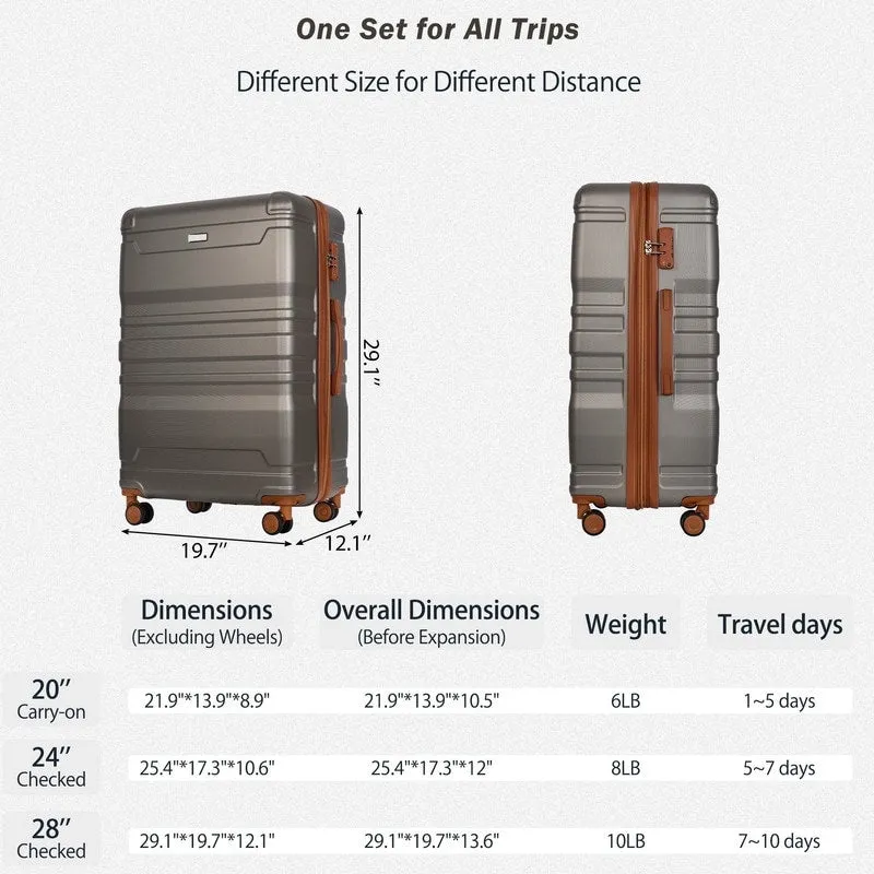 3PCS Luggage Sets Expandable ABS Suitcase with TSA Lock(20"/24"/28")
