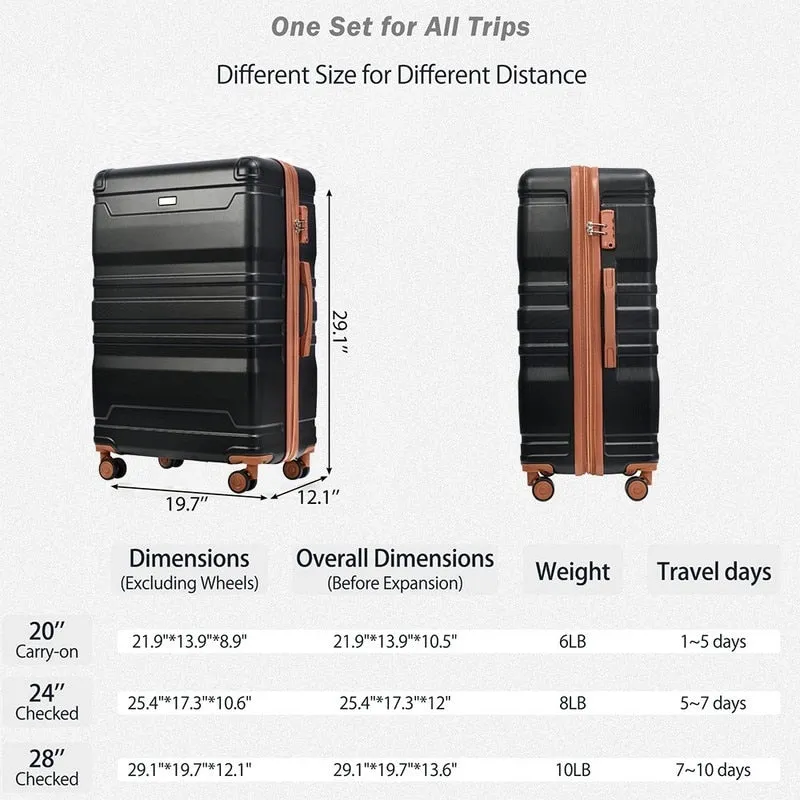 3PCS Luggage Sets Expandable ABS Suitcase with TSA Lock(20"/24"/28")