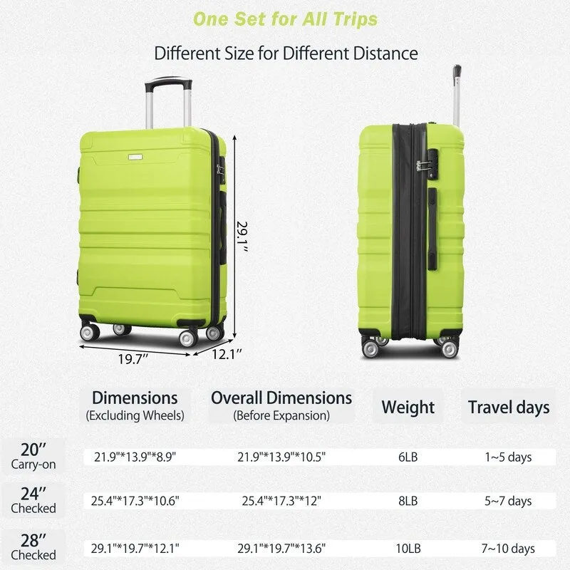 3PCS Luggage Sets Expandable ABS Suitcase with TSA Lock(20"/24"/28")