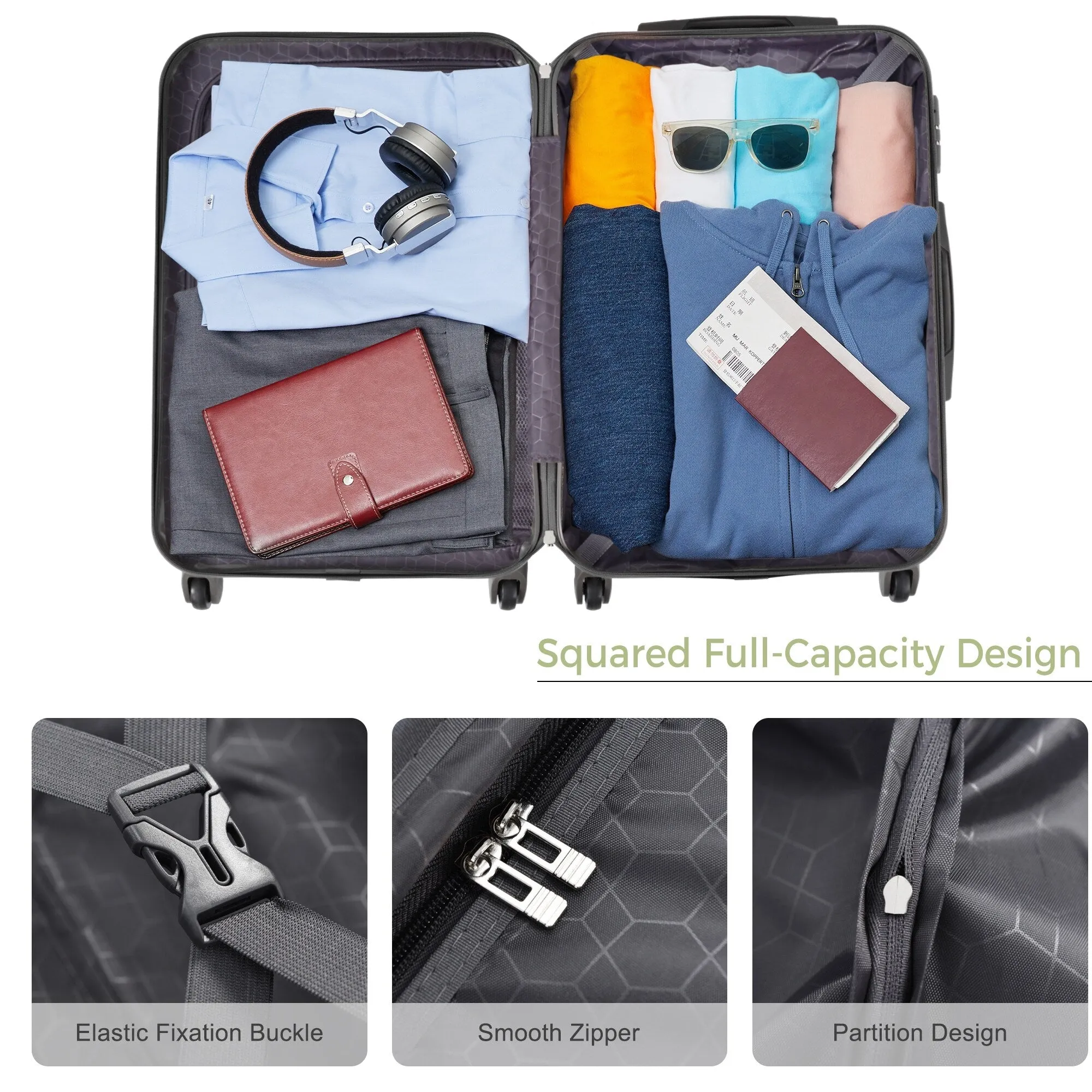 3pcs Luggage Sets with Adjustable Telescopic Handles and TSA Lock & Spinner Wheels (20'' 24'' 28'')