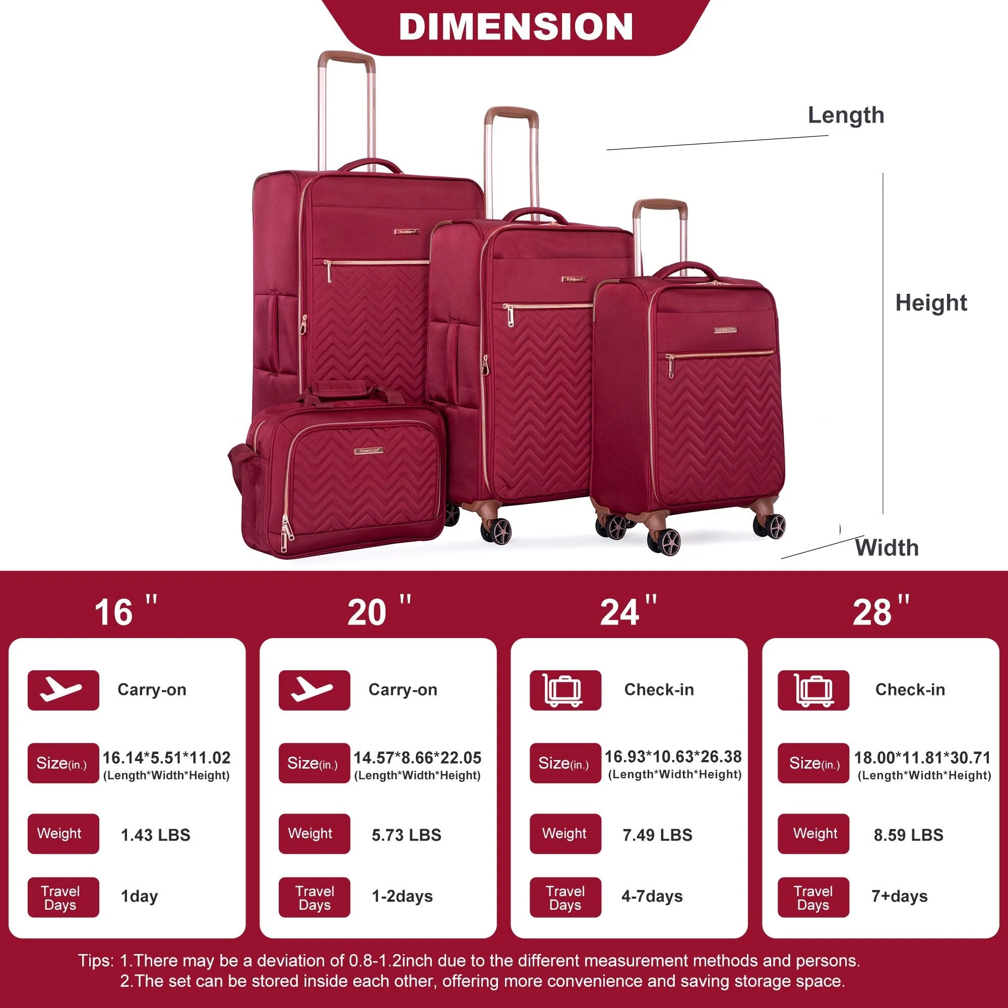 4-Piece Set (16/20/24/28) ,Softshell Suitcase Spinner Wheels Terylene Lightweight Luggage Sets