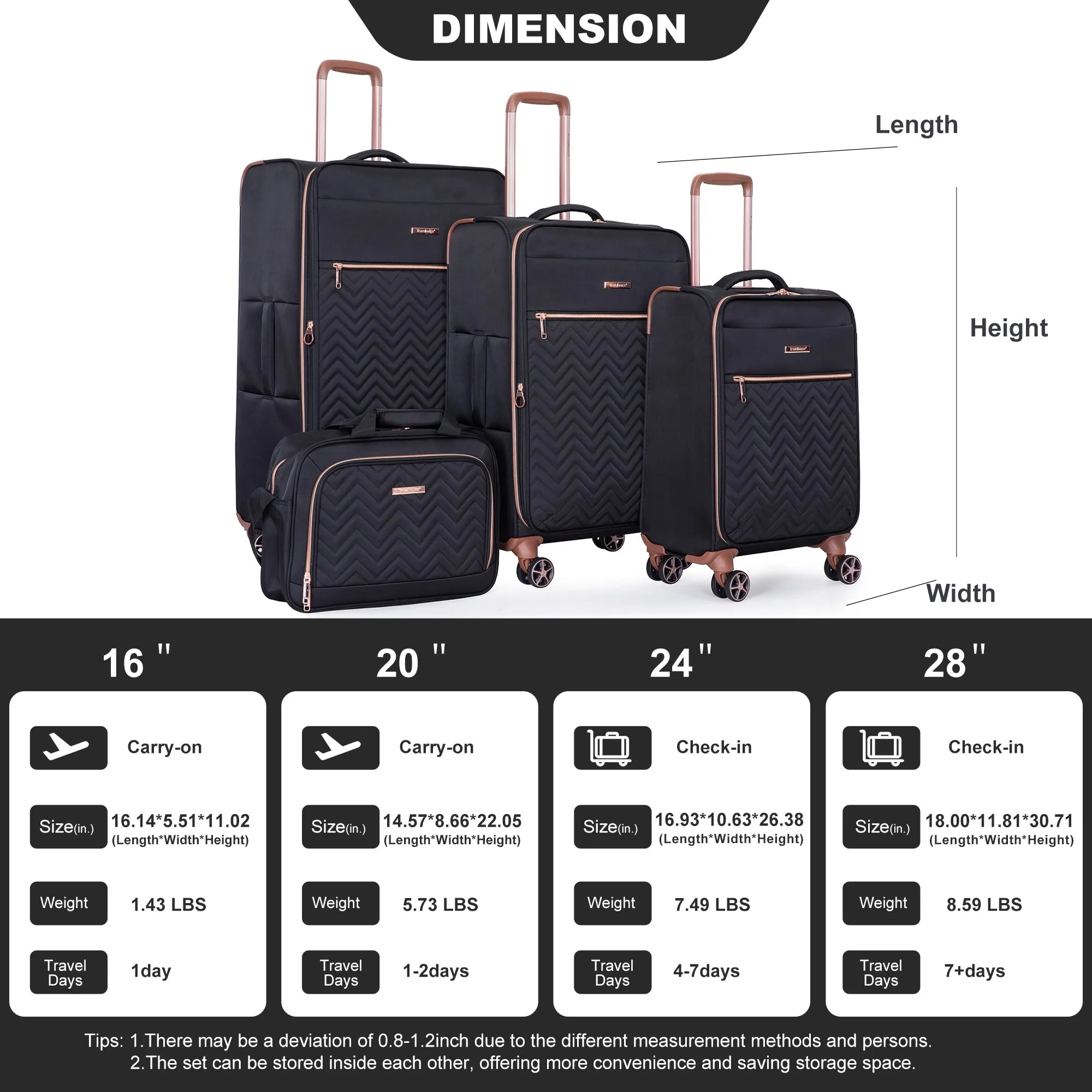 4-Piece Set (16/20/24/28) ,Softshell Suitcase Spinner Wheels Terylene Lightweight Luggage Sets