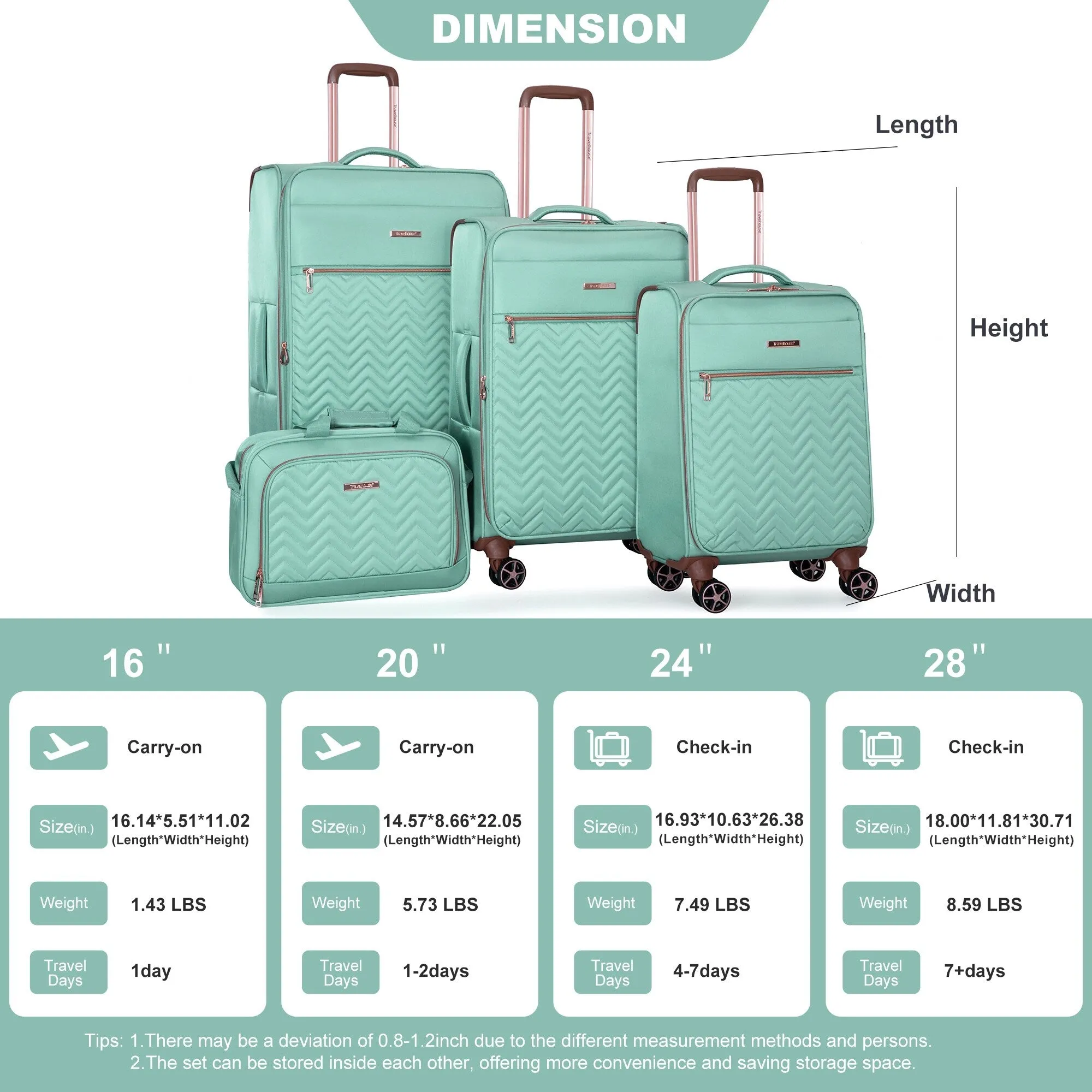 4-Piece Set (16/20/24/28) ,Softshell Suitcase Spinner Wheels Terylene Lightweight Luggage Sets