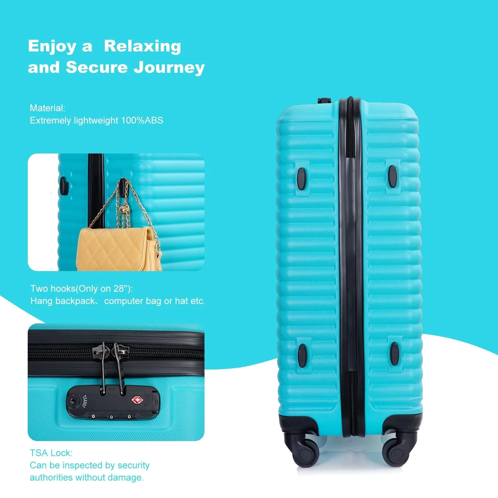 ABS 3 Piece Luggage Sets with 2 Hooks and Spinner Wheels & TSA Lock