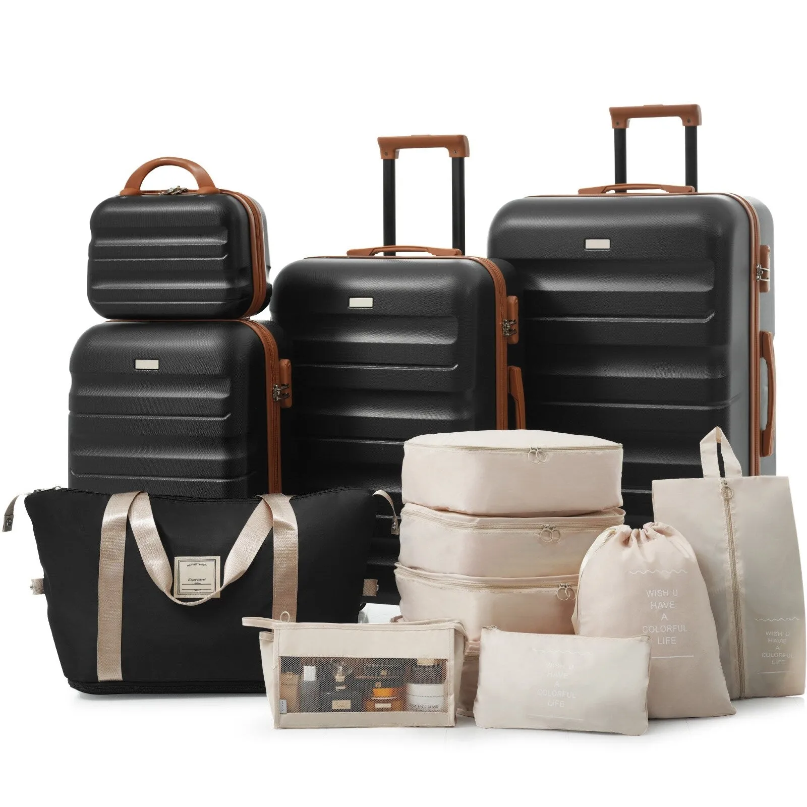 ABS Luggage Set with Spinner Wheels and Expandable 8-piece Pocket, Hardshell Lightweight Suitcase with Lock