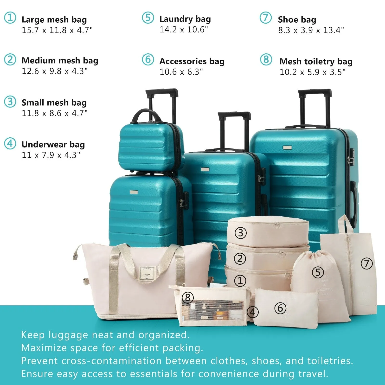 ABS Luggage Set with Spinner Wheels and Expandable 8-piece Pocket, Hardshell Lightweight Suitcase with Lock