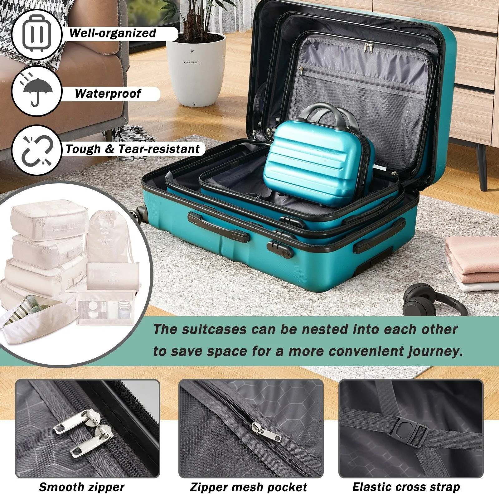 ABS Luggage Set with Spinner Wheels and Expandable 8-piece Pocket, Hardshell Lightweight Suitcase with Lock