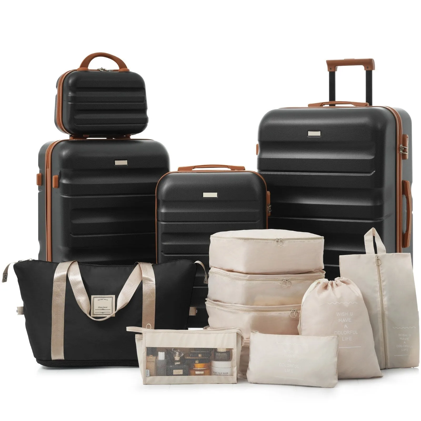 ABS Luggage Set with Spinner Wheels and Expandable 8-piece Pocket, Hardshell Lightweight Suitcase with Lock