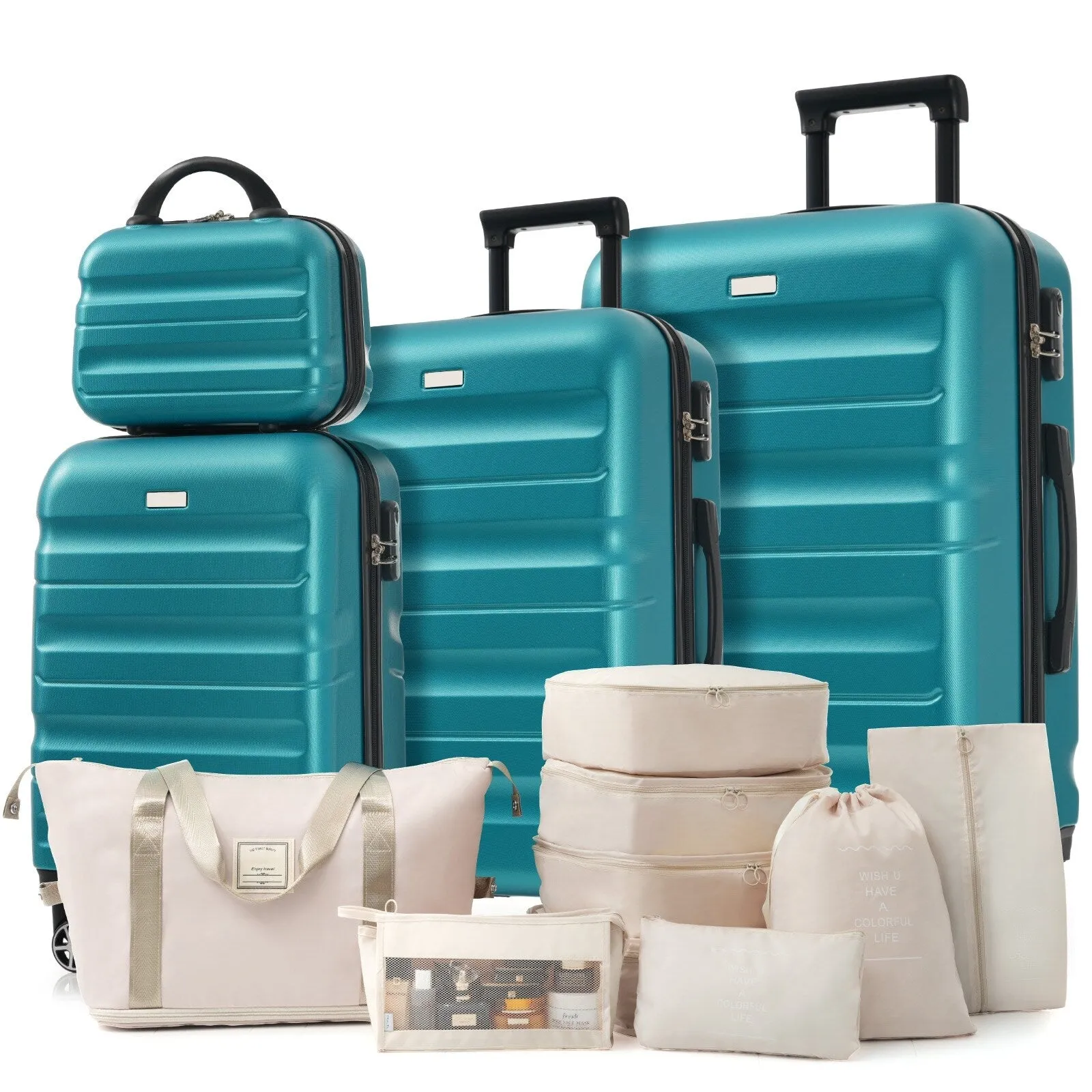 ABS Luggage Set with Spinner Wheels and Expandable 8-piece Pocket, Hardshell Lightweight Suitcase with Lock
