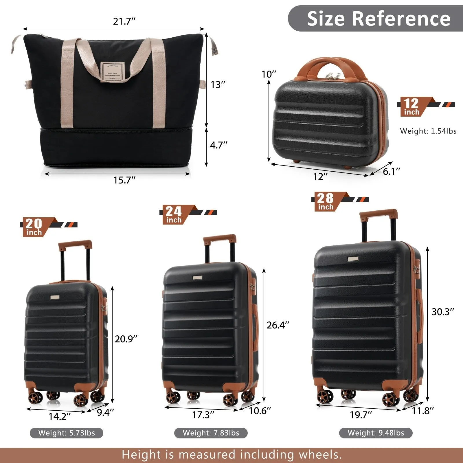 ABS Luggage Set with Spinner Wheels and Expandable 8-piece Pocket, Hardshell Lightweight Suitcase with Lock
