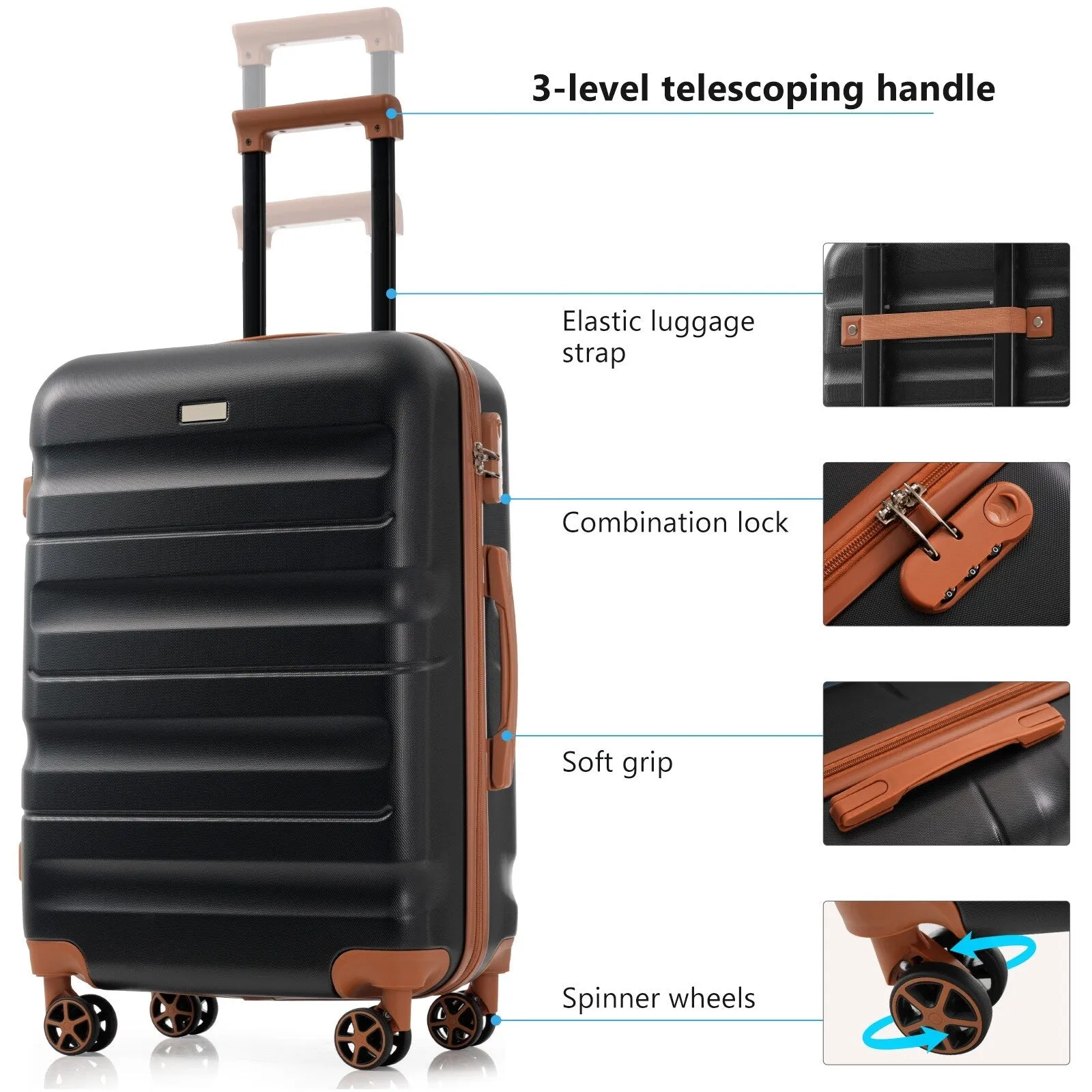ABS Luggage Set with Spinner Wheels and Expandable 8-piece Pocket, Hardshell Lightweight Suitcase with Lock