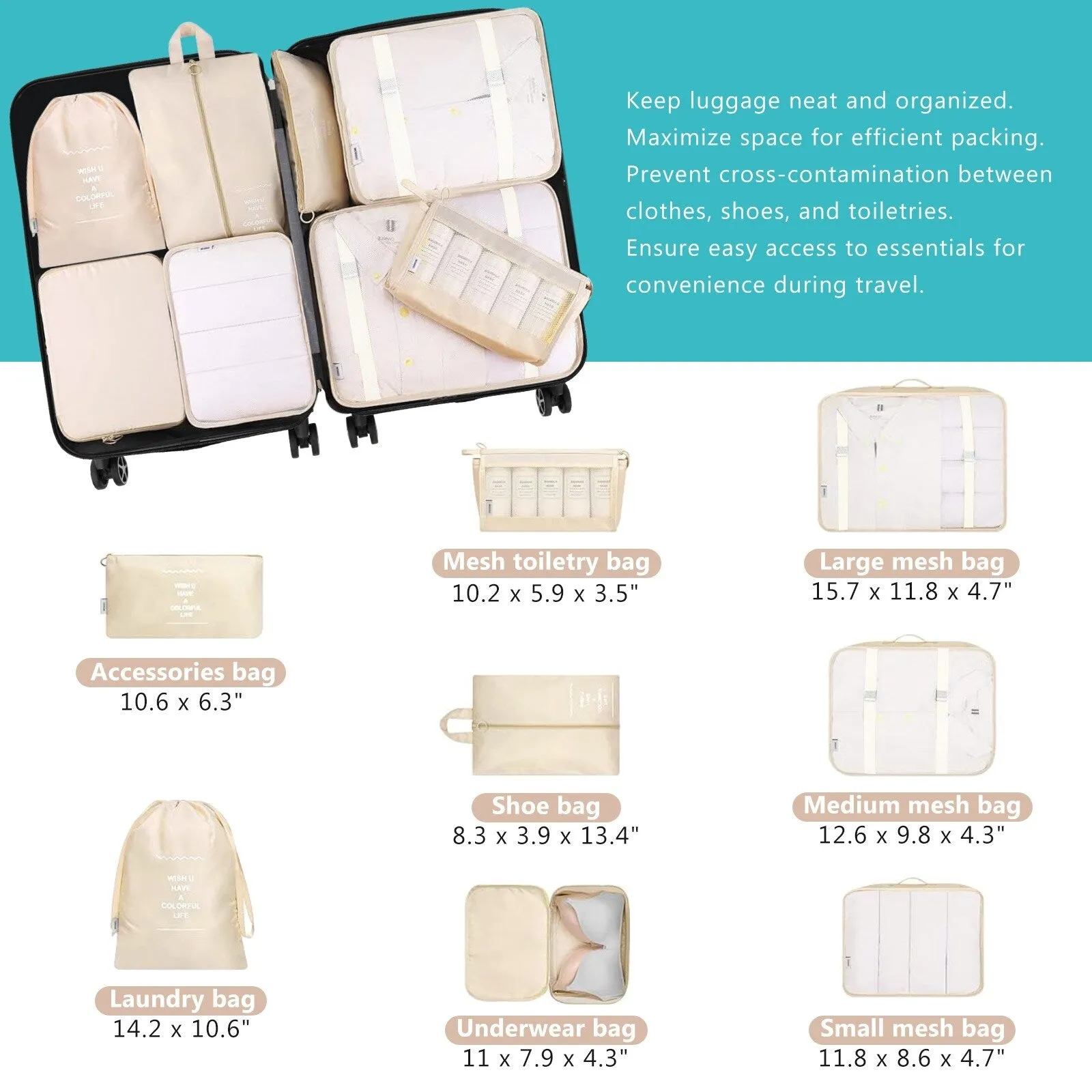 ABS Luggage Set with Spinner Wheels and Expandable 8-piece Pocket, Hardshell Lightweight Suitcase with Lock