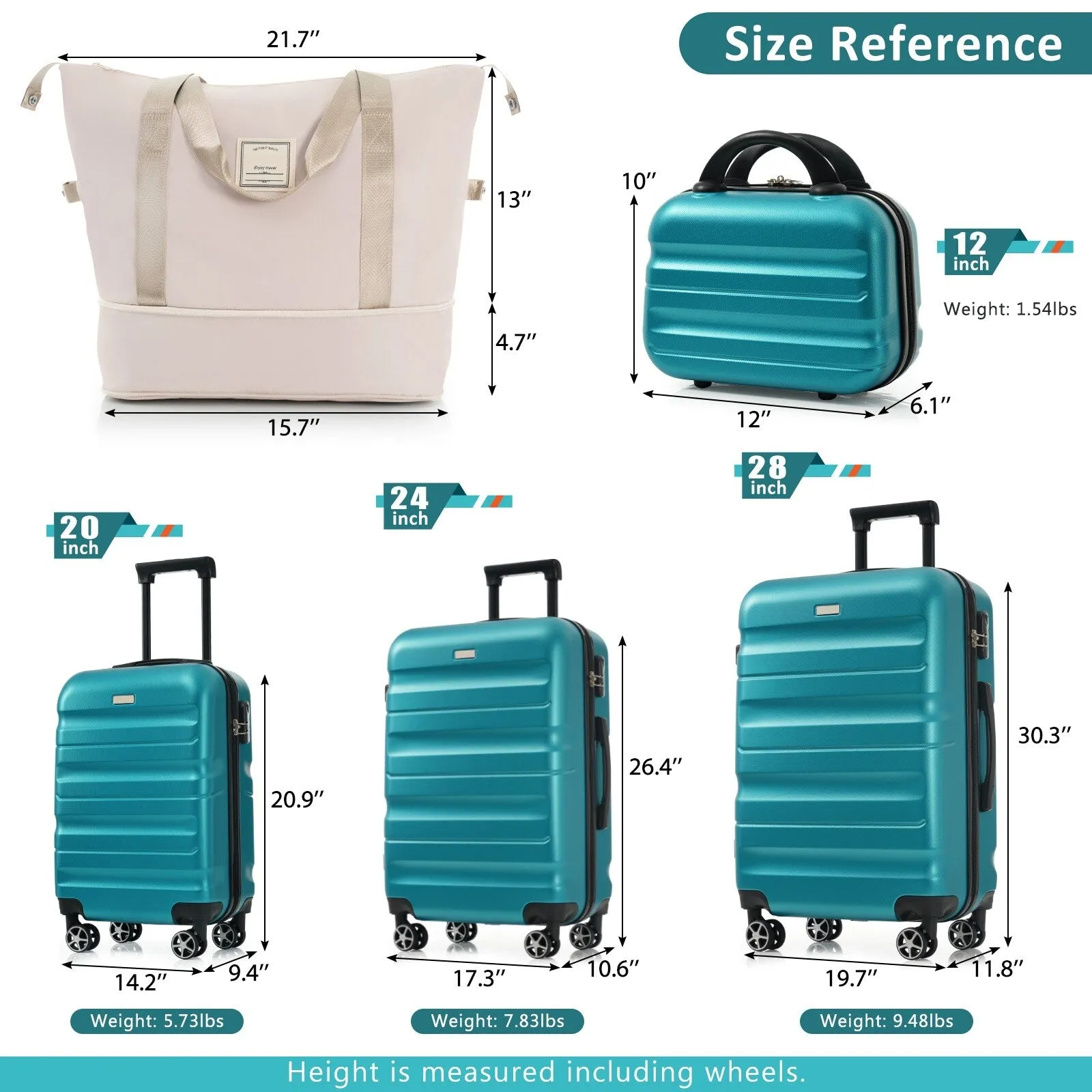 ABS Luggage Set with Spinner Wheels and Expandable 8-piece Pocket, Hardshell Lightweight Suitcase with Lock
