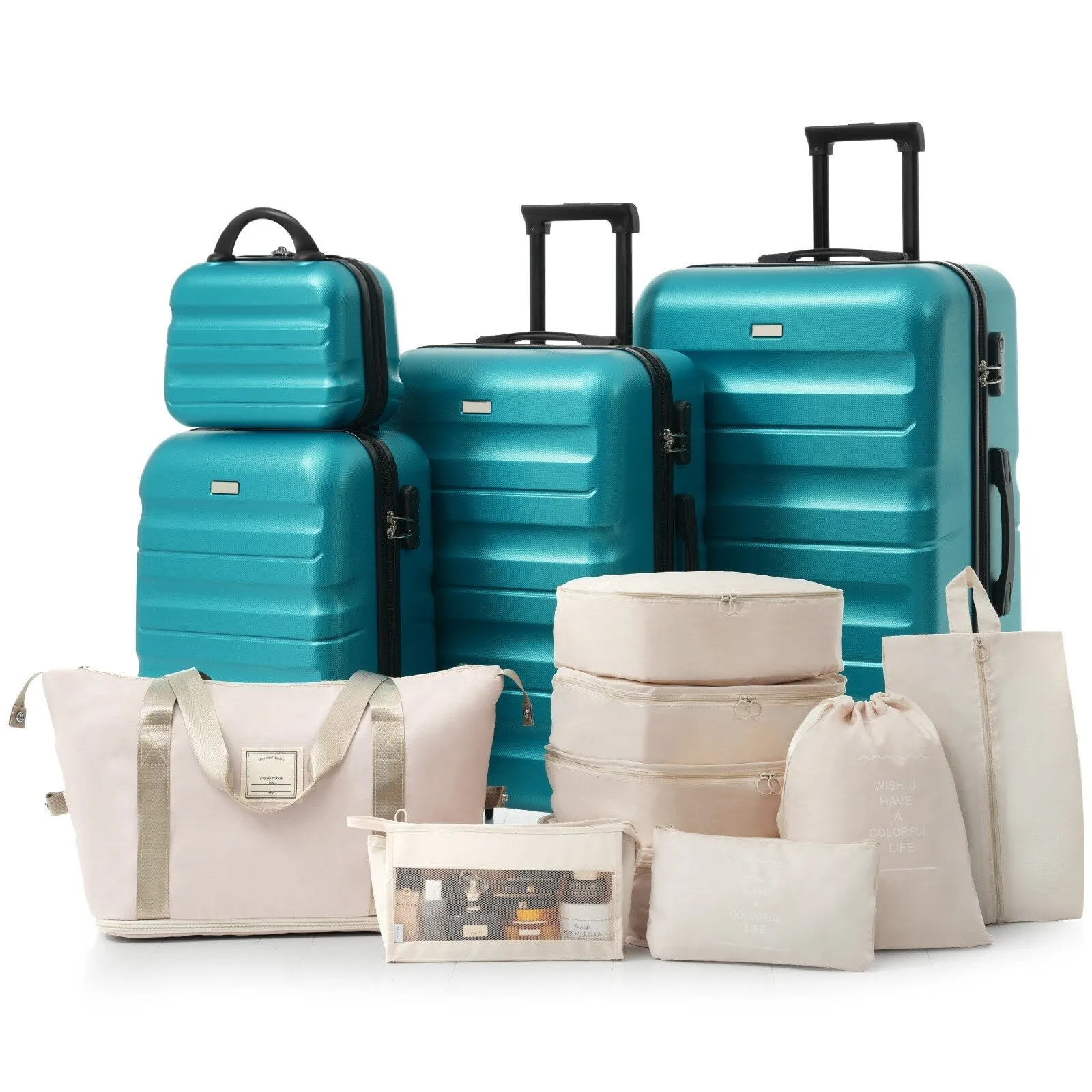 ABS Luggage Set with Spinner Wheels and Expandable 8-piece Pocket, Hardshell Lightweight Suitcase with Lock
