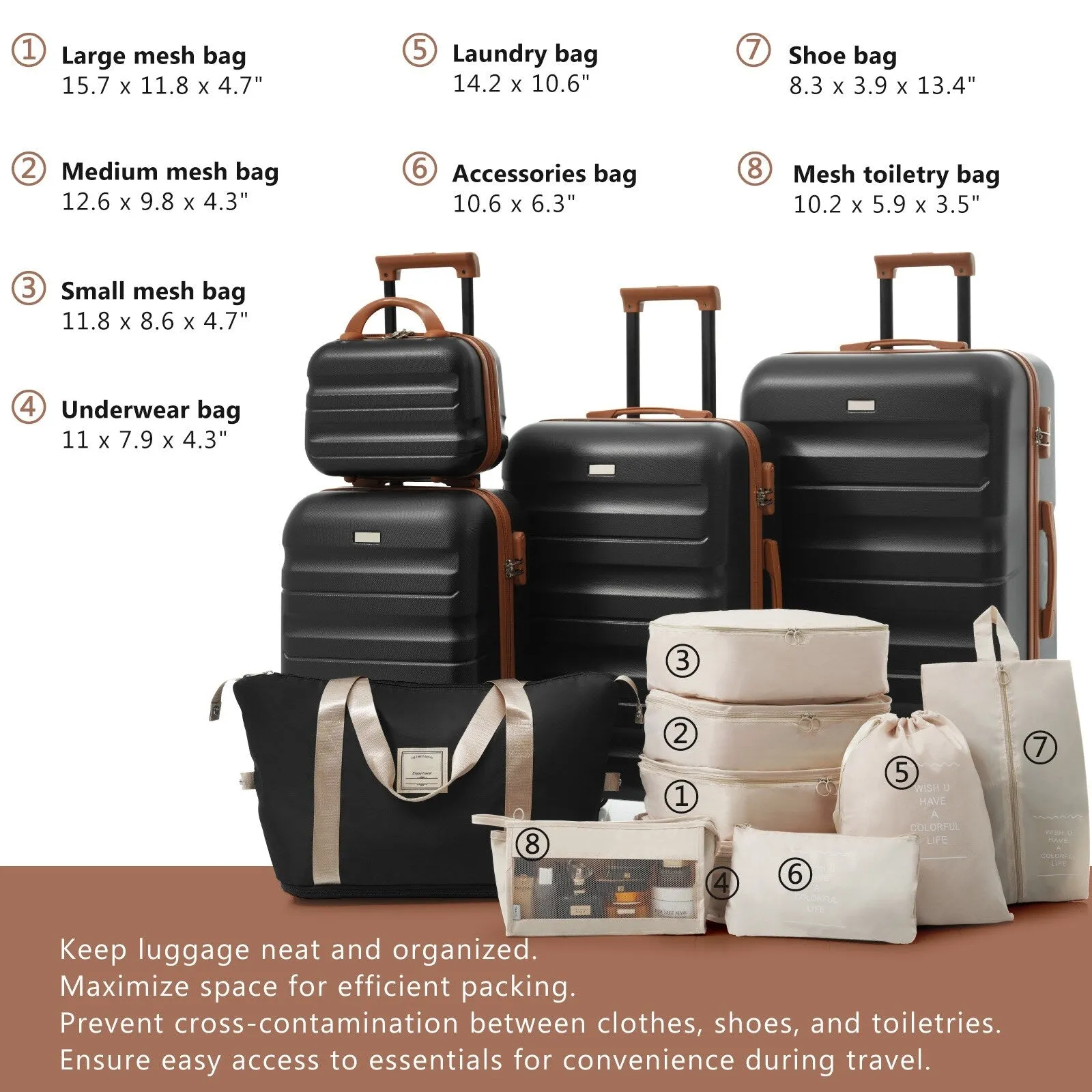 ABS Luggage Set with Spinner Wheels and Expandable 8-piece Pocket, Hardshell Lightweight Suitcase with Lock