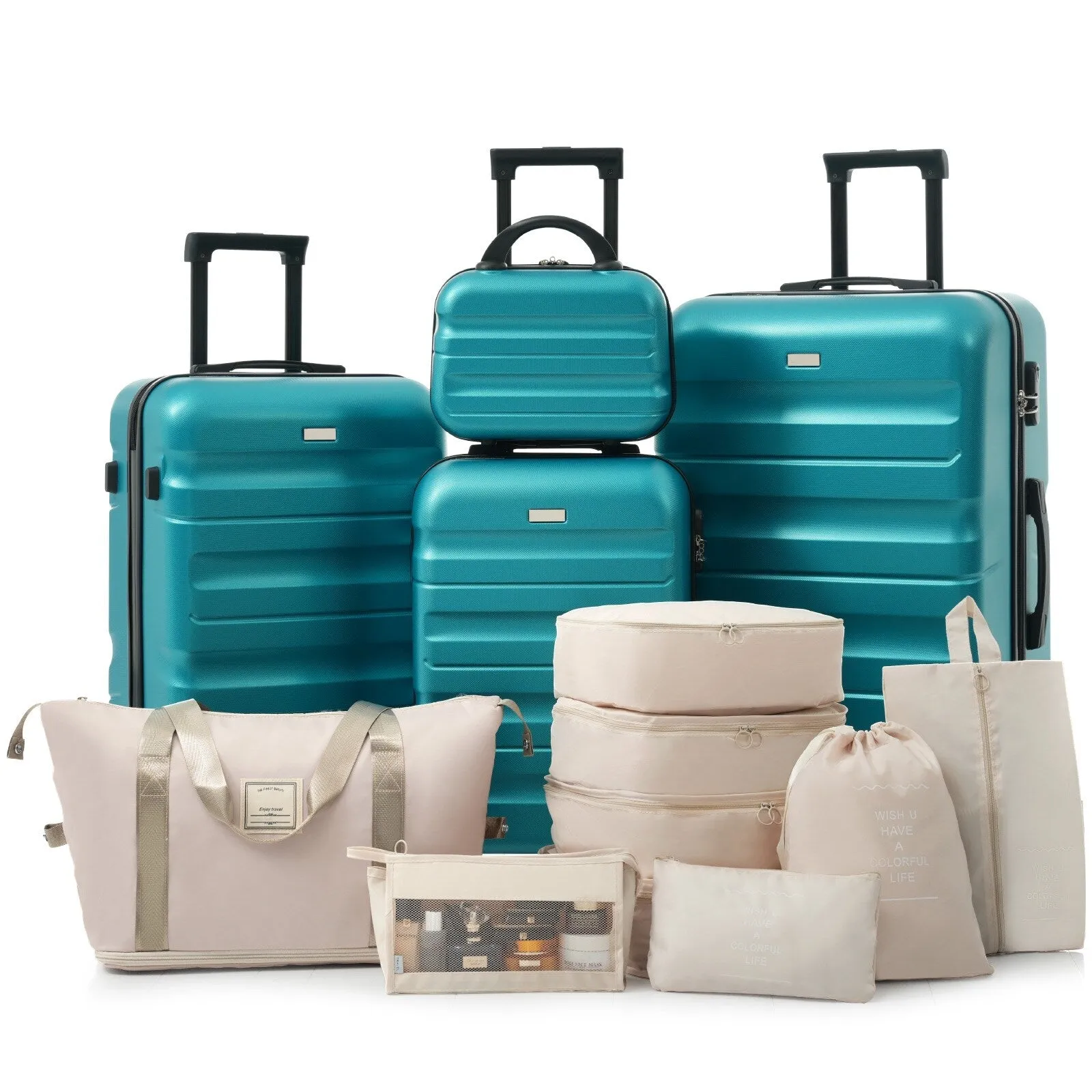 ABS Luggage Set with Spinner Wheels and Expandable 8-piece Pocket, Hardshell Lightweight Suitcase with Lock
