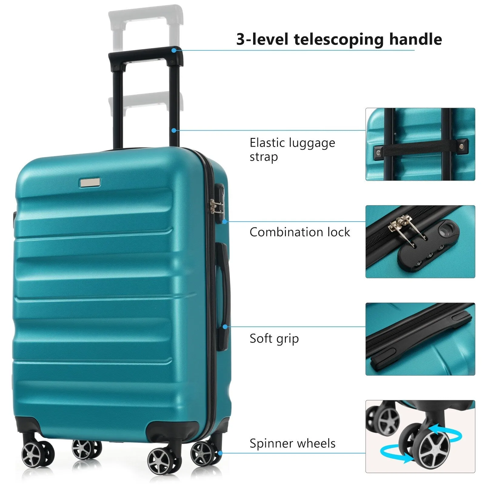 ABS Luggage Set with Spinner Wheels and Expandable 8-piece Pocket, Hardshell Lightweight Suitcase with Lock