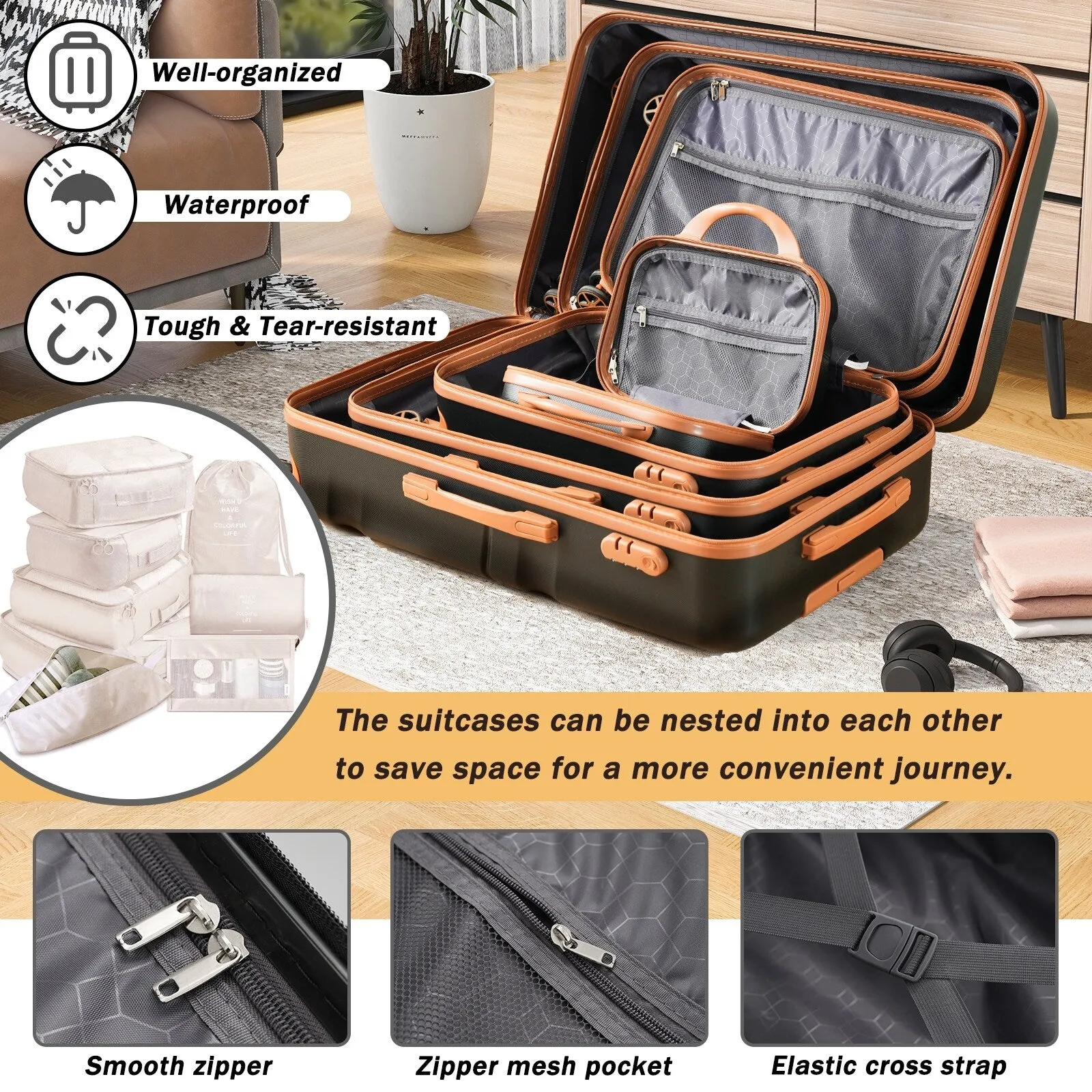 ABS Luggage Set with Spinner Wheels and Expandable 8-piece Pocket, Hardshell Lightweight Suitcase with Lock