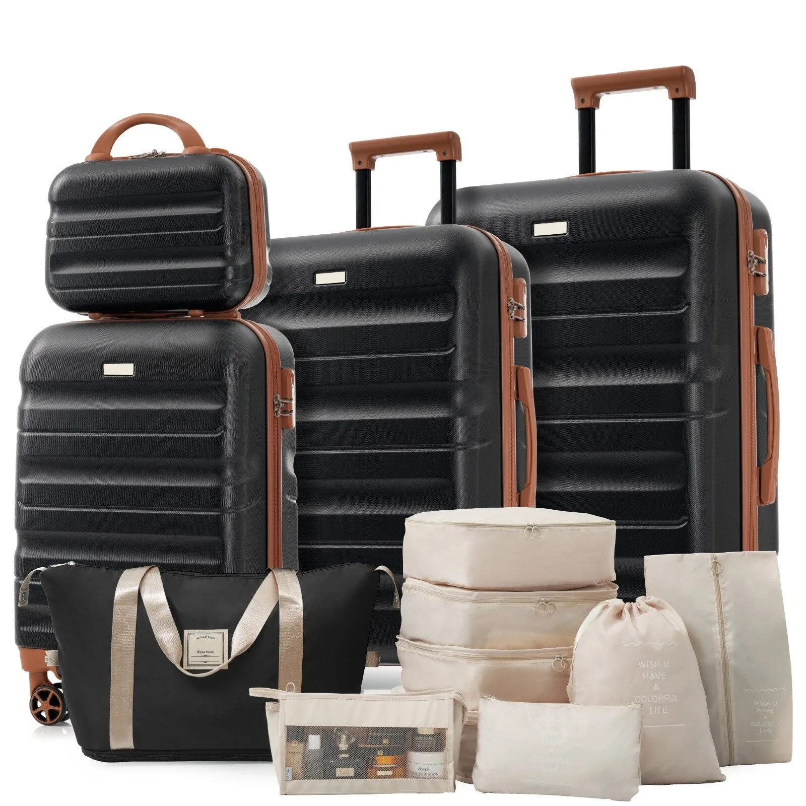 ABS Luggage Set with Spinner Wheels and Expandable 8-piece Pocket, Hardshell Lightweight Suitcase with Lock