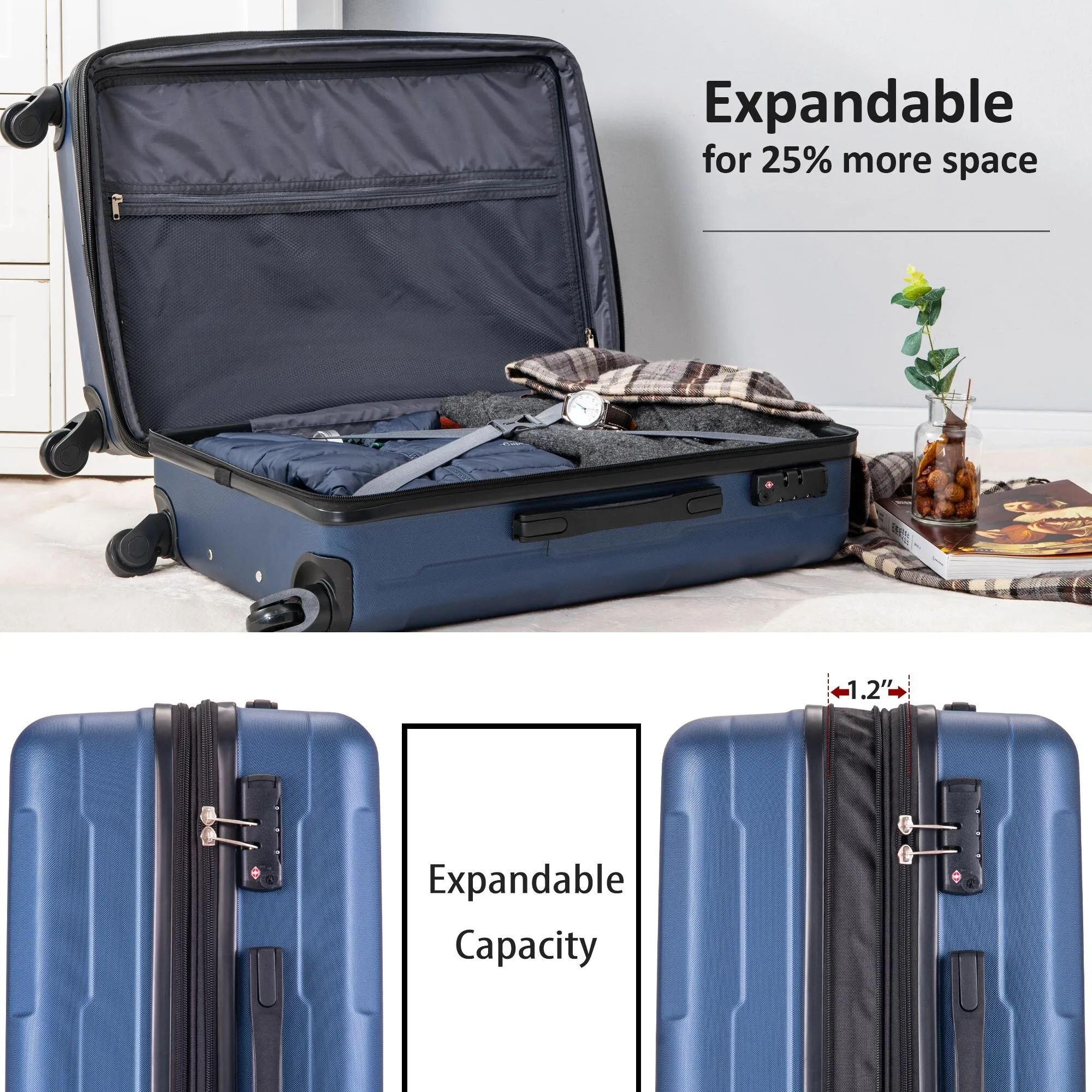 Expanable Spinner Wheel 2 Piece Luggage Set ABS Lightweight Suitcase with TSA Lock 20" 24"
