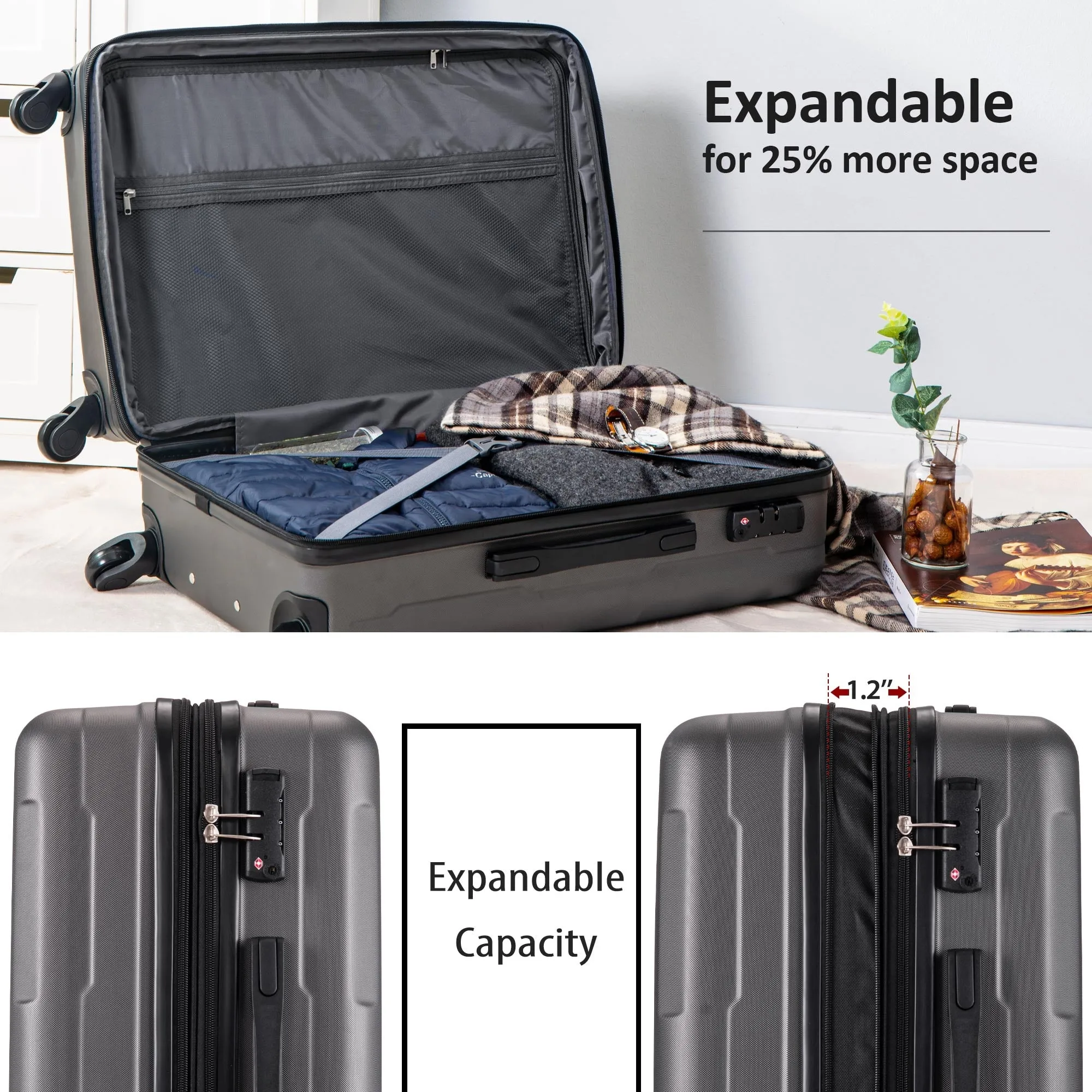 Expanable Spinner Wheel 2 Piece Luggage Set ABS Lightweight Suitcase with TSA Lock 20" 24"