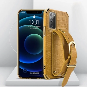 For Samsung Galaxy Note20 Electroplated TPU Crocodile Pattern Leather Case with Wrist