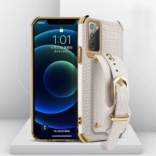 For Samsung Galaxy Note20 Electroplated TPU Crocodile Pattern Leather Case with Wrist