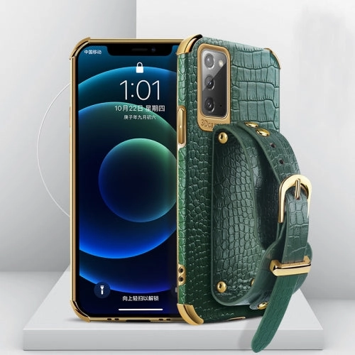 For Samsung Galaxy Note20 Electroplated TPU Crocodile Pattern Leather Case with Wrist