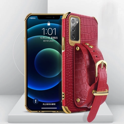 For Samsung Galaxy Note20 Electroplated TPU Crocodile Pattern Leather Case with Wrist