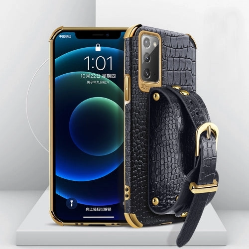 For Samsung Galaxy Note20 Electroplated TPU Crocodile Pattern Leather Case with Wrist