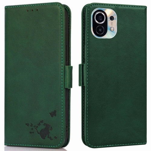 For Xiaomi Mi 11 Embossed Cat Butterflies Pattern Horizontal Flip Leather Case with Card Slot