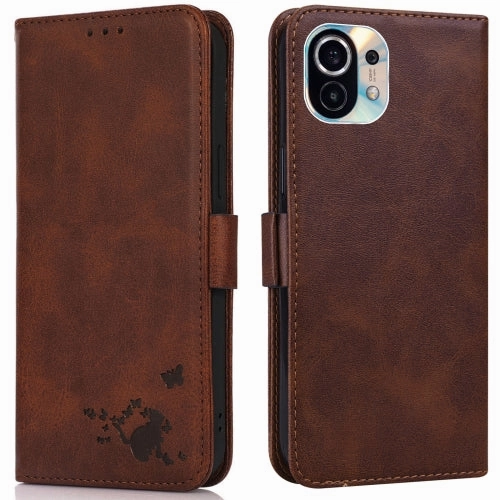 For Xiaomi Mi 11 Embossed Cat Butterflies Pattern Horizontal Flip Leather Case with Card Slot