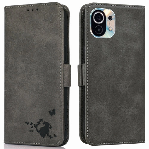 For Xiaomi Mi 11 Embossed Cat Butterflies Pattern Horizontal Flip Leather Case with Card Slot