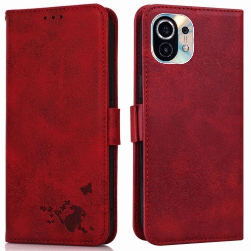 For Xiaomi Mi 11 Embossed Cat Butterflies Pattern Horizontal Flip Leather Case with Card Slot