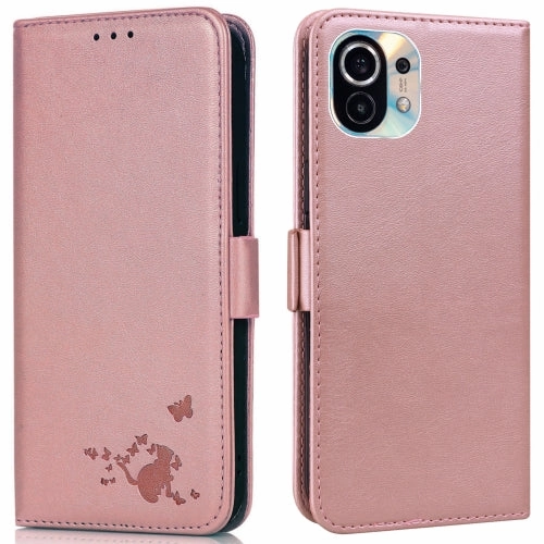 For Xiaomi Mi 11 Embossed Cat Butterflies Pattern Horizontal Flip Leather Case with Card Slot