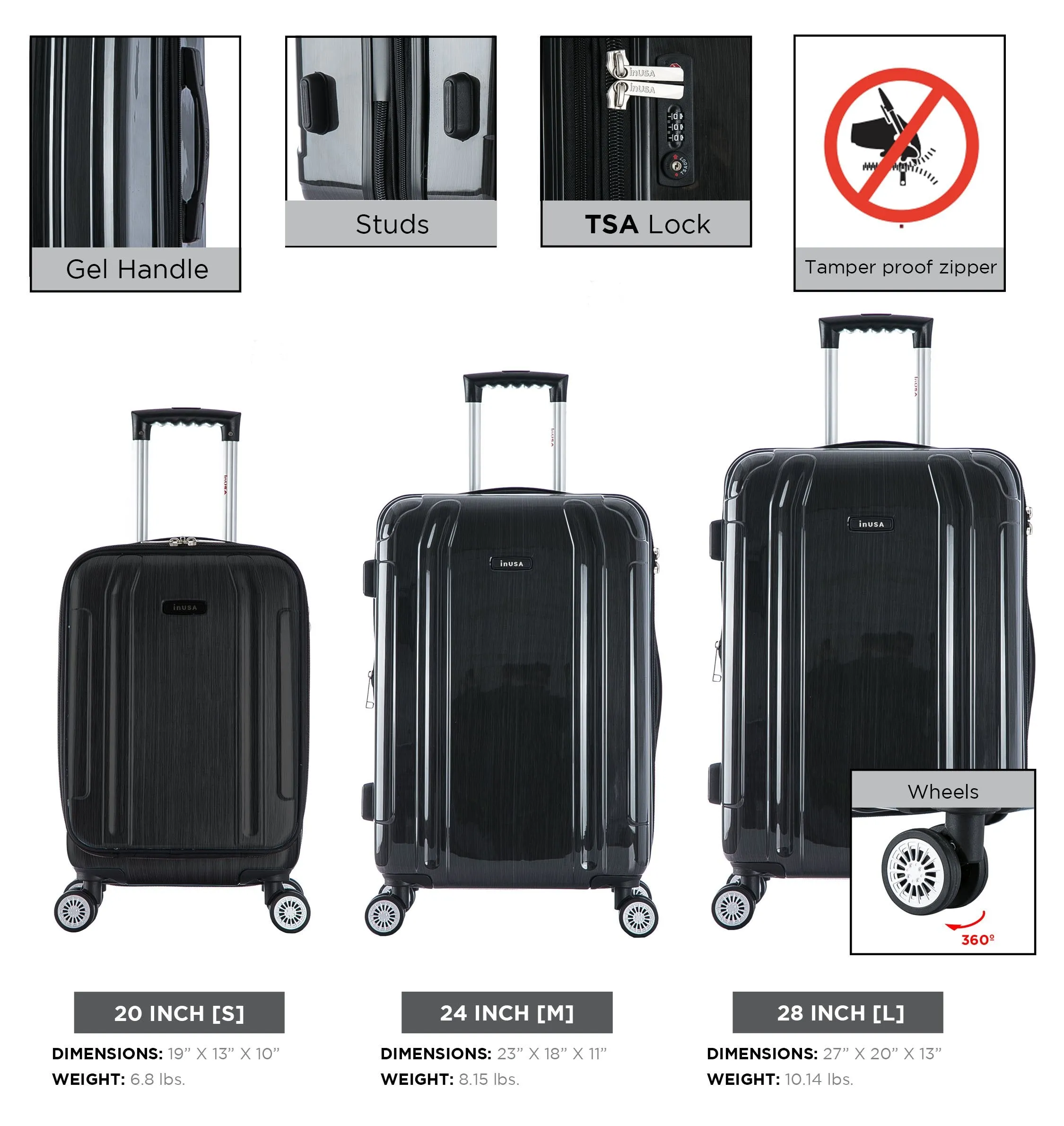 inUSA Southworld 3 Piece Set (21"/25"/29") 4-Wheel Luggage Sets