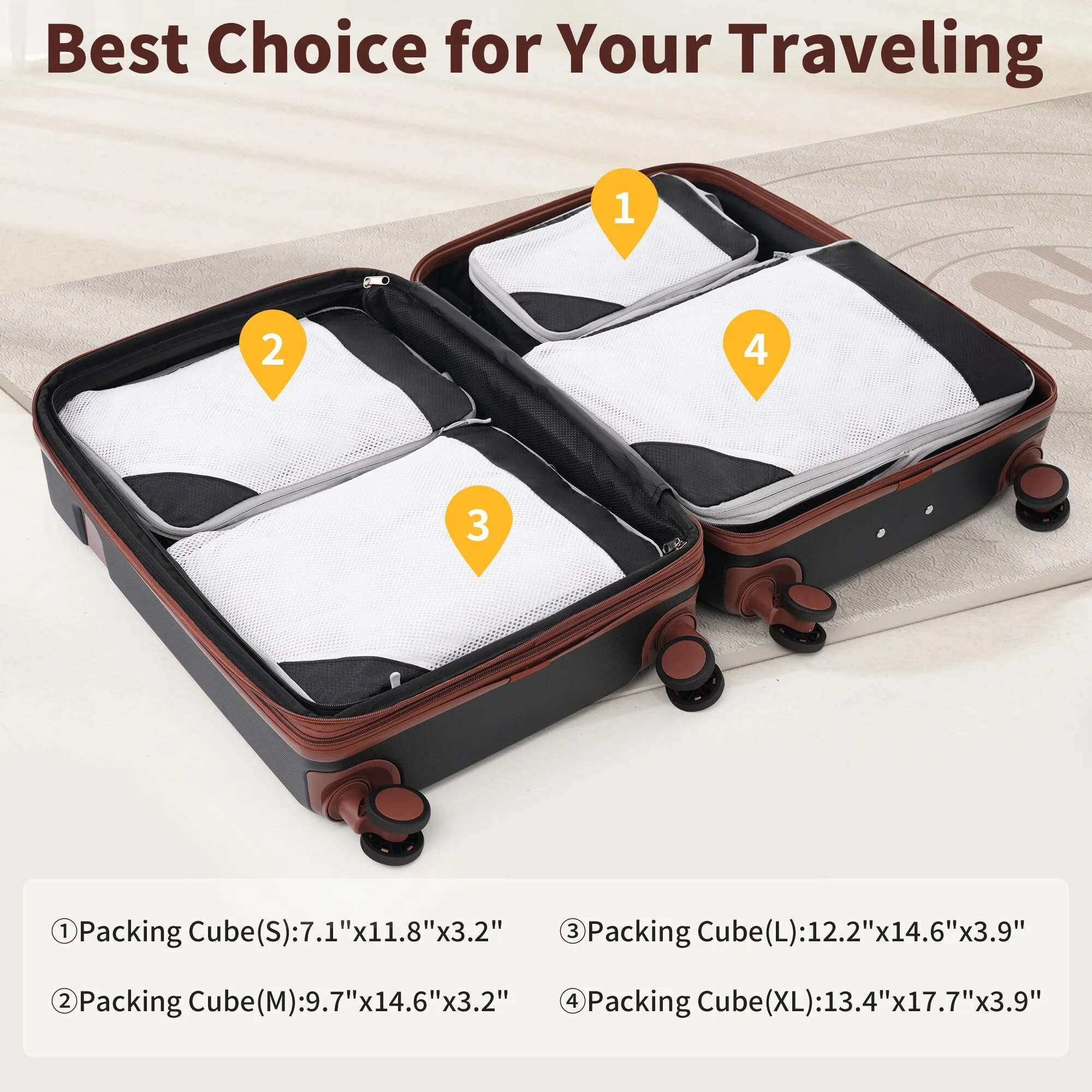 Lightweight Suitcase with Compression Packing Cubes and Spinner Wheels, 4 Piece Expandable Luggage Set with TSA Lock