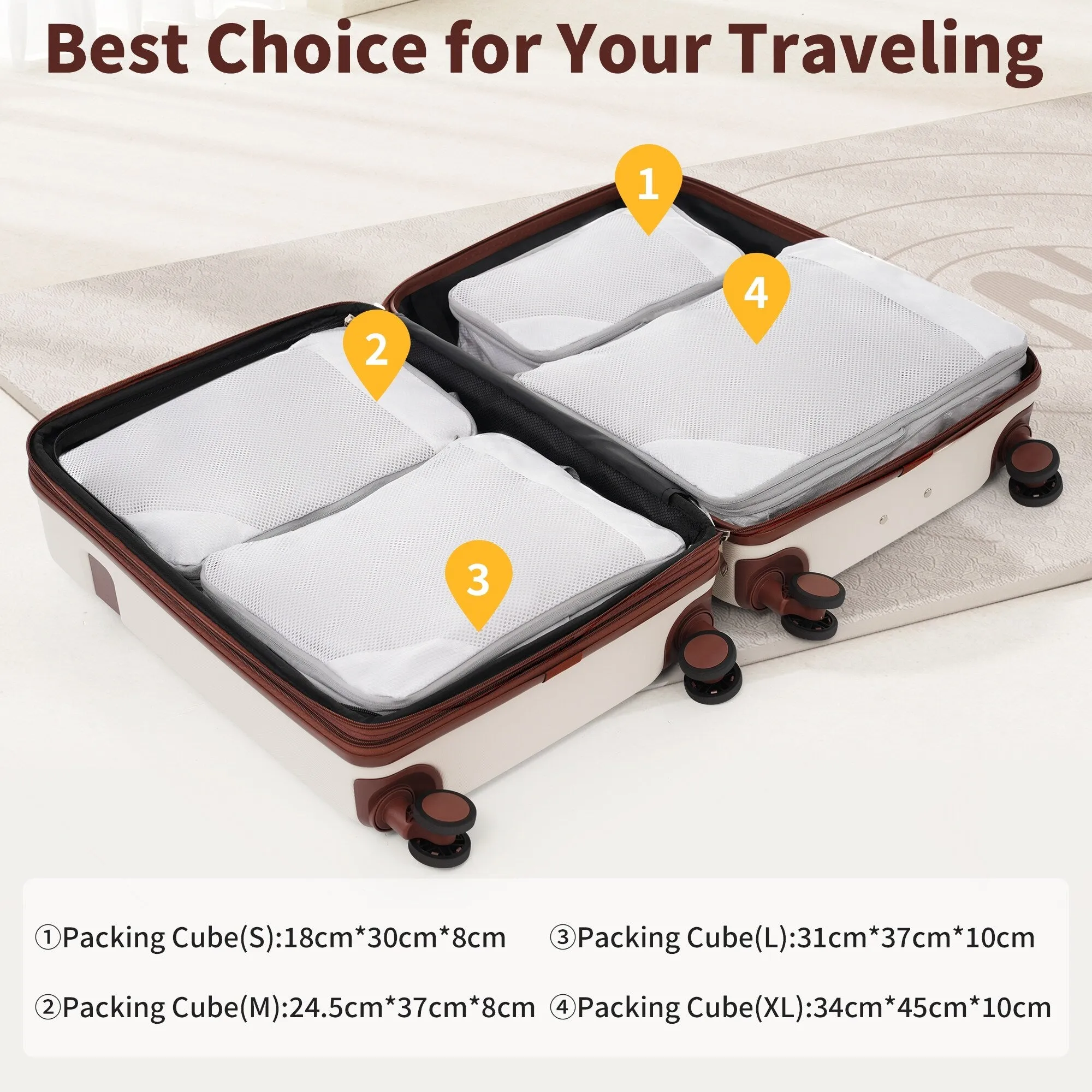 Lightweight Suitcase with Compression Packing Cubes and Spinner Wheels, 4 Piece Expandable Luggage Set with TSA Lock