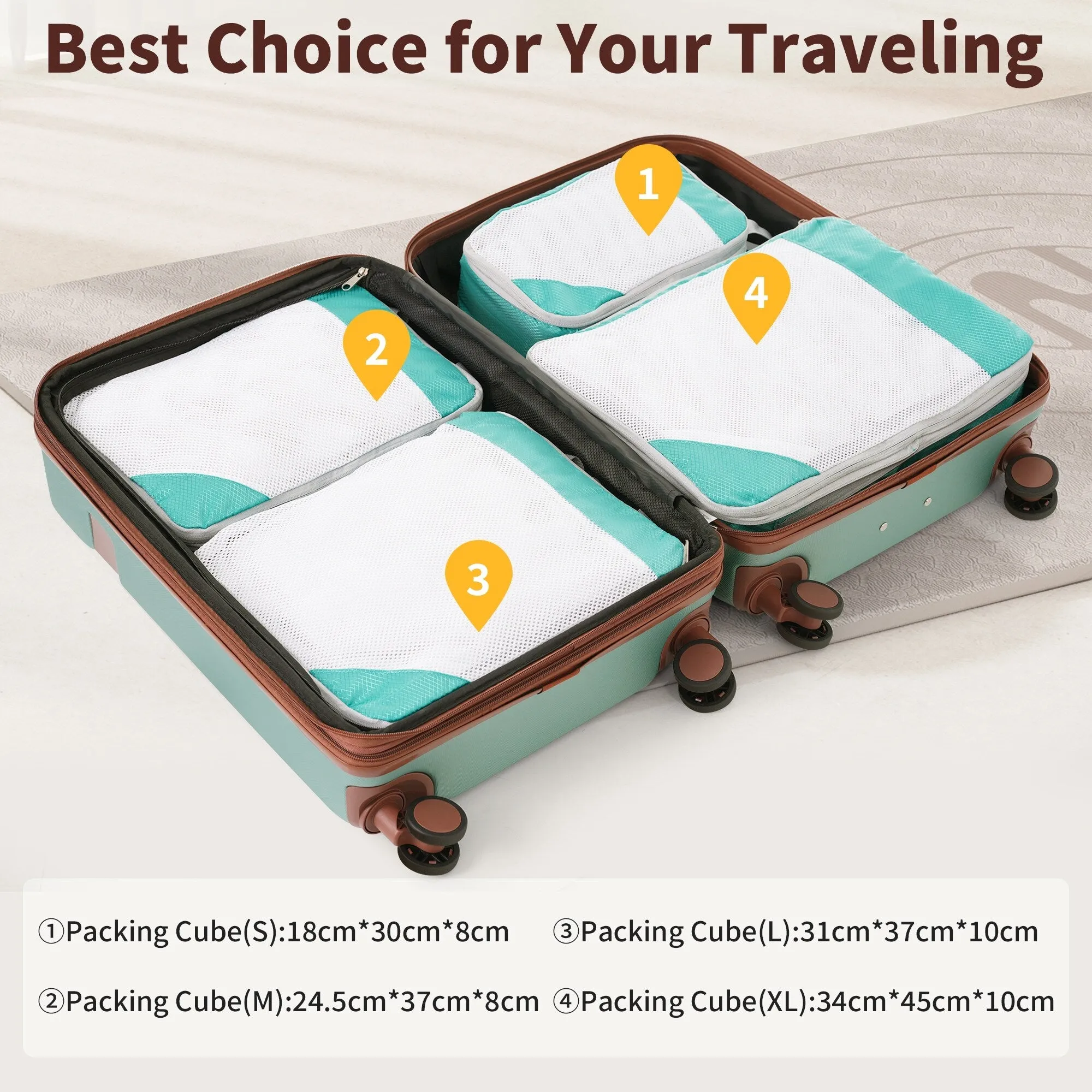 Lightweight Suitcase with Compression Packing Cubes and Spinner Wheels, 4 Piece Expandable Luggage Set with TSA Lock