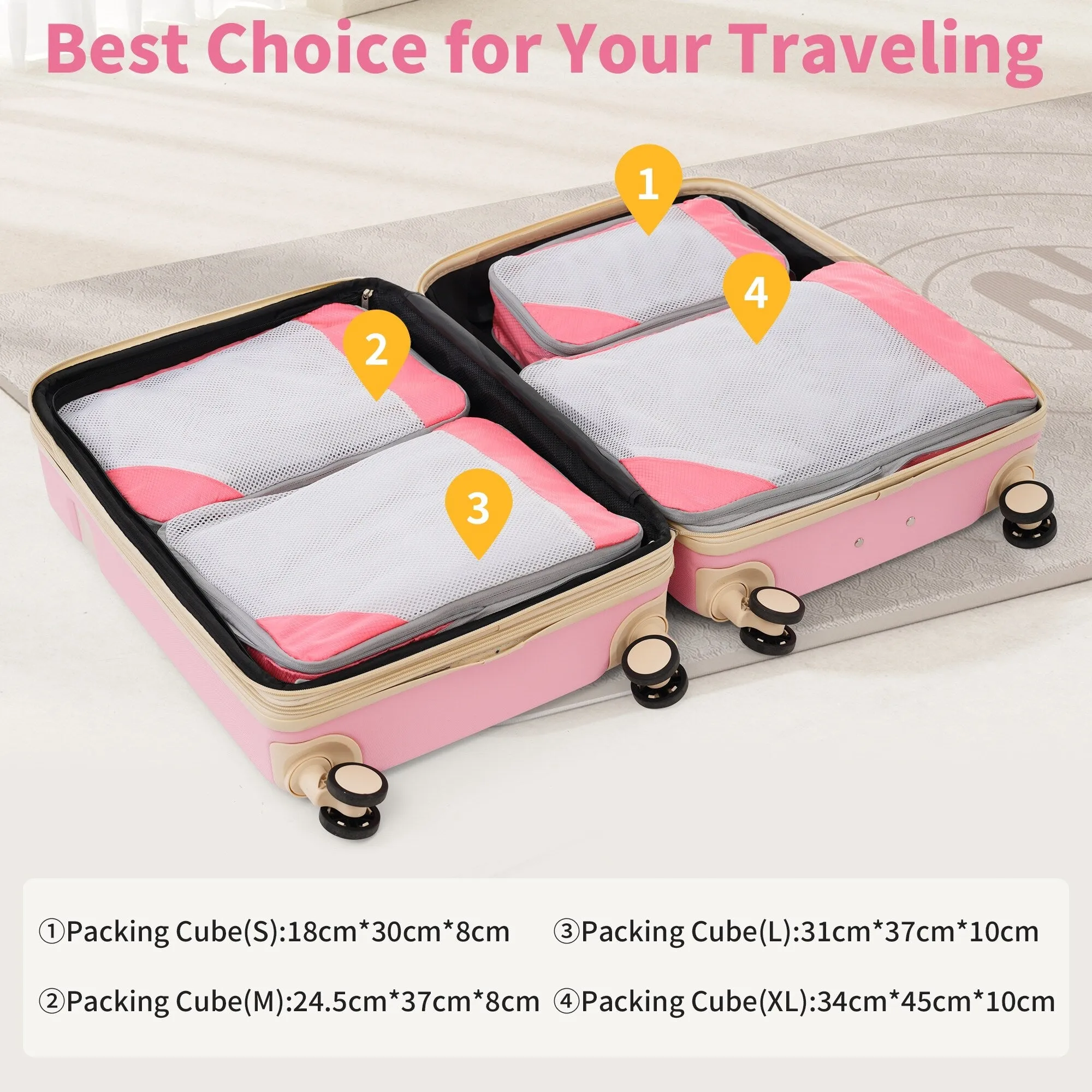 Lightweight Suitcase with Compression Packing Cubes and Spinner Wheels, 4 Piece Expandable Luggage Set with TSA Lock