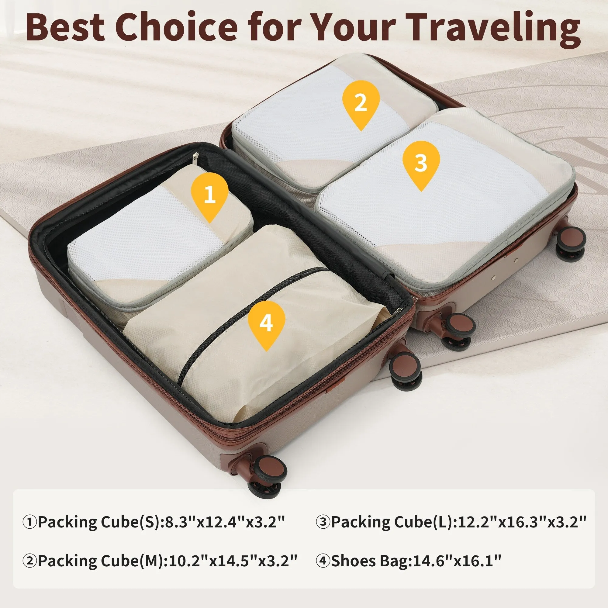 Lightweight Suitcase with Compression Packing Cubes and Spinner Wheels, 4 Piece Expandable Luggage Set with TSA Lock
