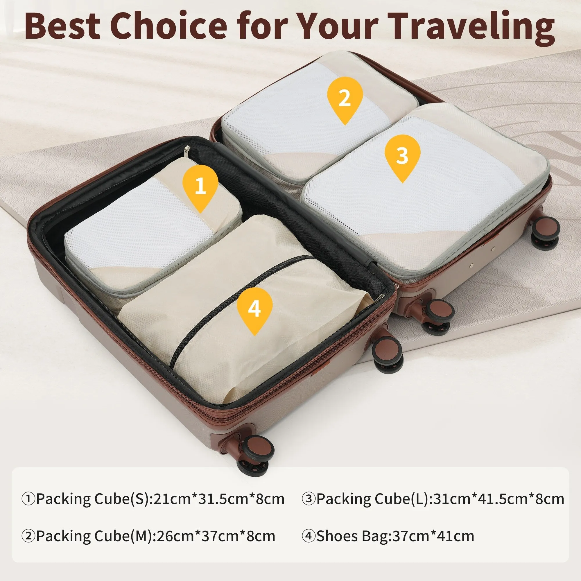 Lightweight Suitcase with Compression Packing Cubes and Spinner Wheels, 4 Piece Expandable Luggage Set with TSA Lock