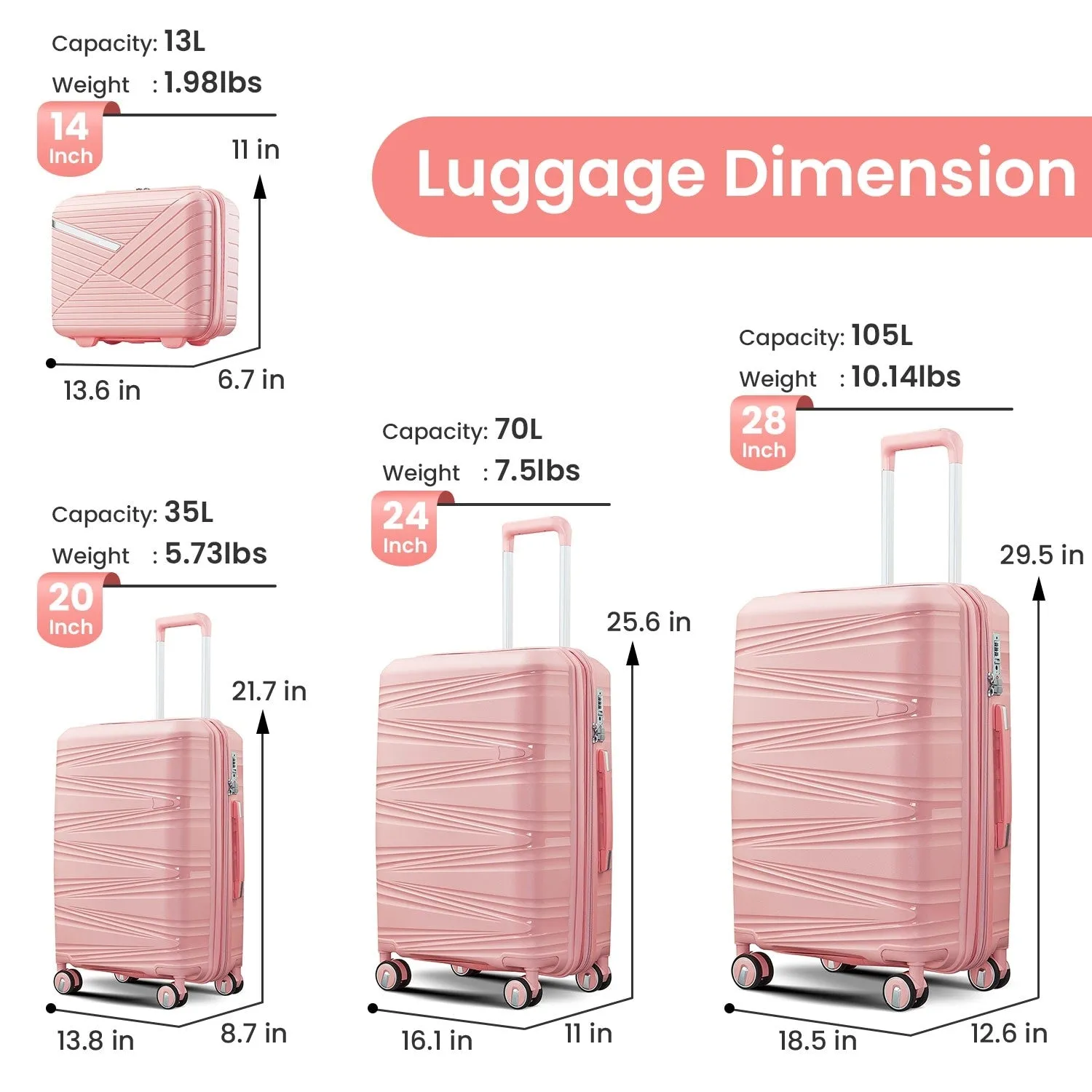 Luggage 4 Piece Sets(14/20/24/28), Hard Shell Lightweight TSA Lock Expandable Suitcase with Spinner Wheels Travel Set