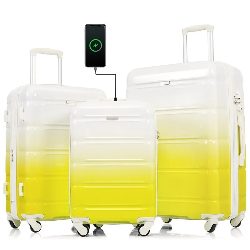Luggage Set of 3, 20-inch with USB Port, Carry-on Trunk Sets with Cup Holder, Hard Shell Check-in Luggage with Spinner Wheels