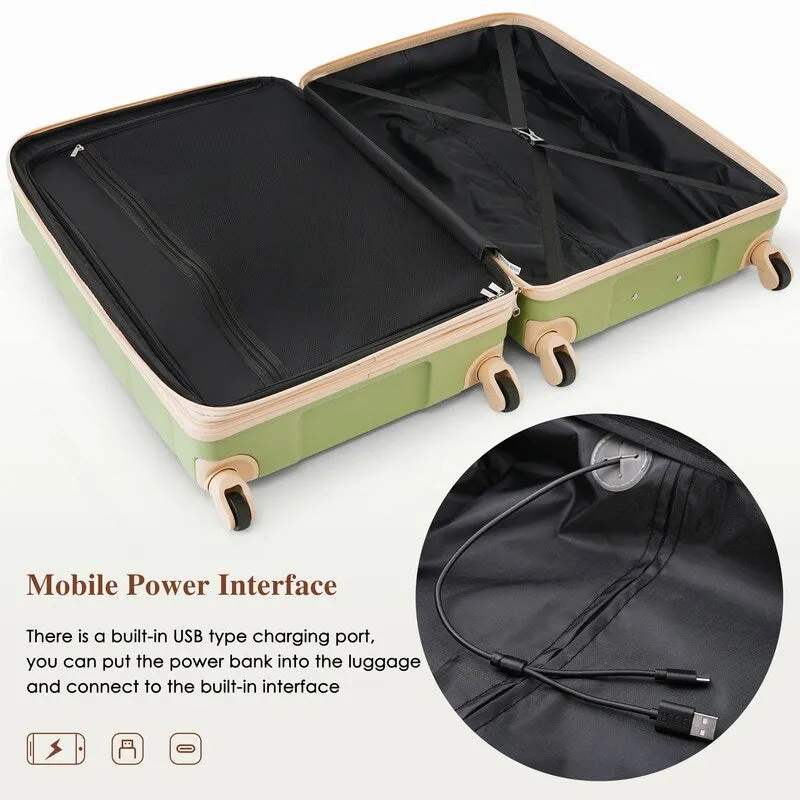 Luggage Set of 3, 20-inch with USB Port, Carry-on Trunk Sets with Cup Holder, Hard Shell Check-in Luggage with Spinner Wheels