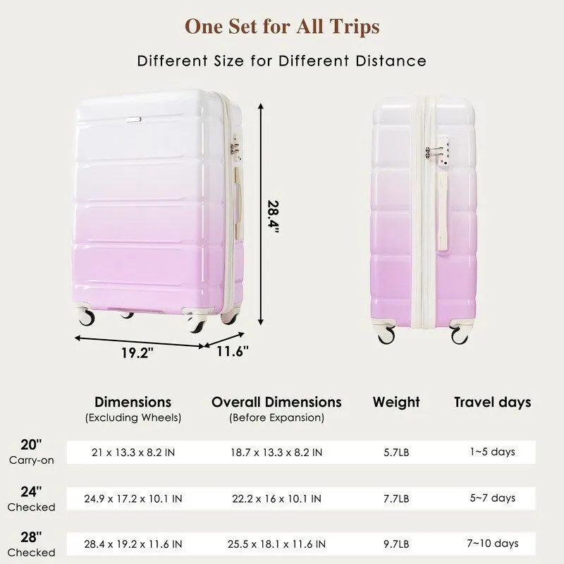 Luggage Set of 3, 20-inch with USB Port, Carry-on Trunk Sets with Cup Holder, Hard Shell Check-in Luggage with Spinner Wheels