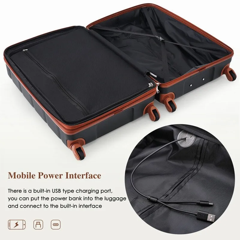 Luggage Set of 3, 20-inch with USB Port, Carry-on Trunk Sets with Cup Holder, Hard Shell Check-in Luggage with Spinner Wheels
